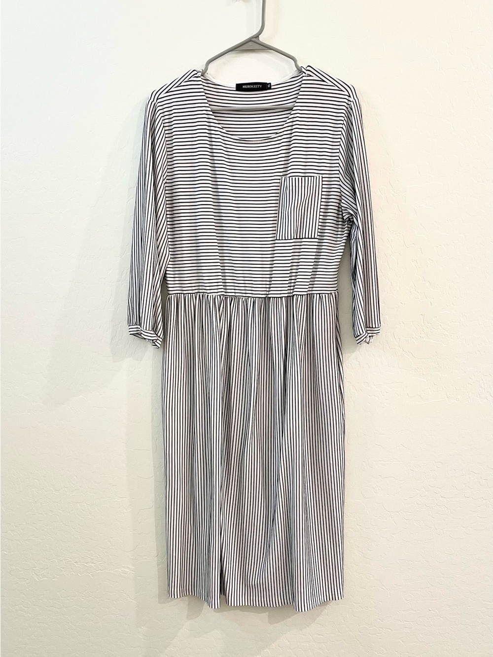 Striped Black and White Long Sleeve Midi Dress with Pocket
